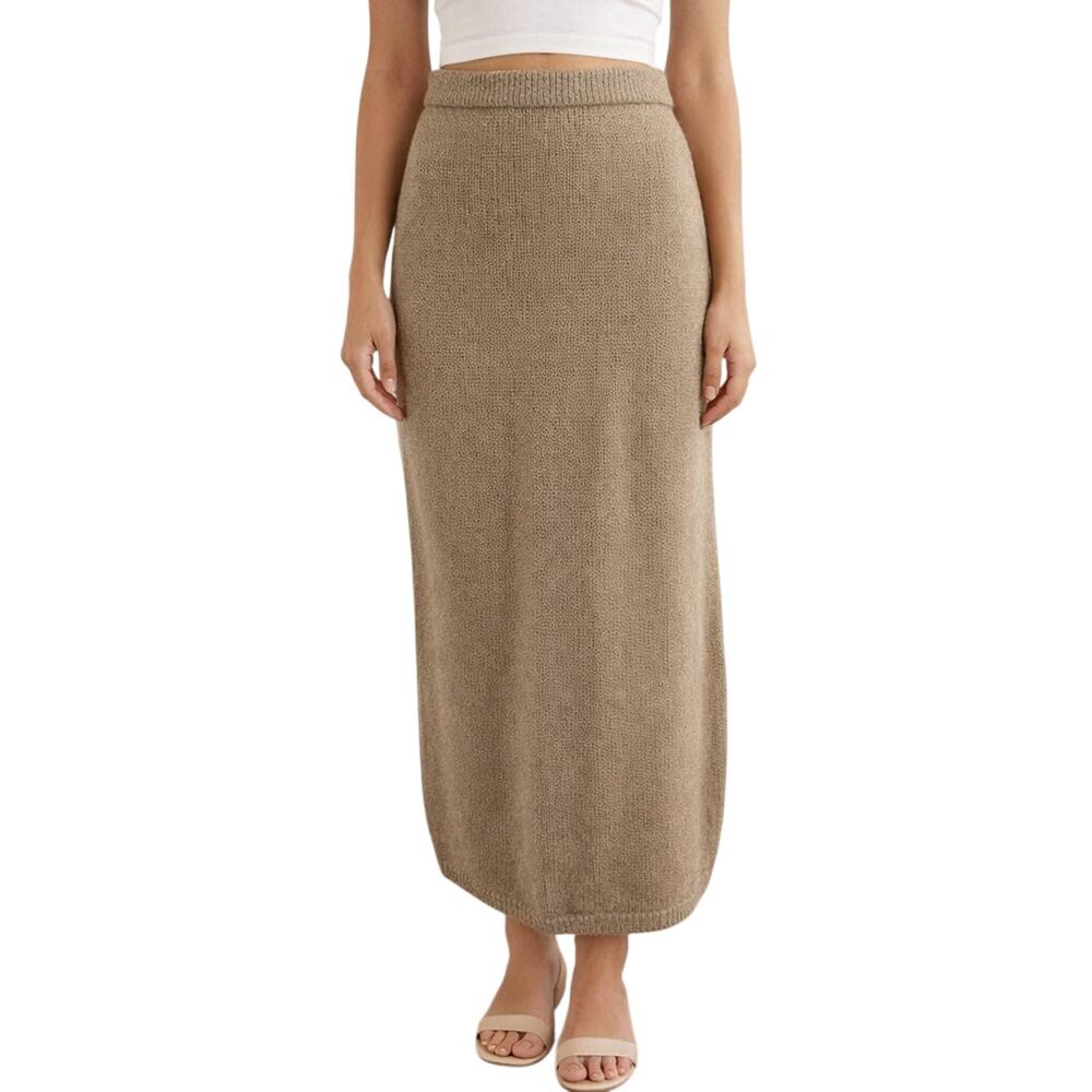 Vintage 1980s Women's Large Haberdasher Taupe Knit Midi Skirt Button Back